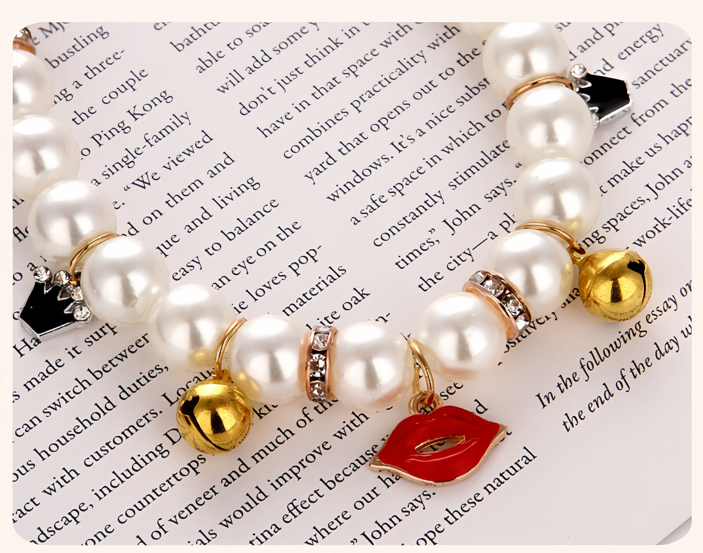 Handcrafted Artificial Pearl Necklace Collars with Bells, Charming Cat Collar Collection in Star, Crown, Sailboat, and Red Lips Designs