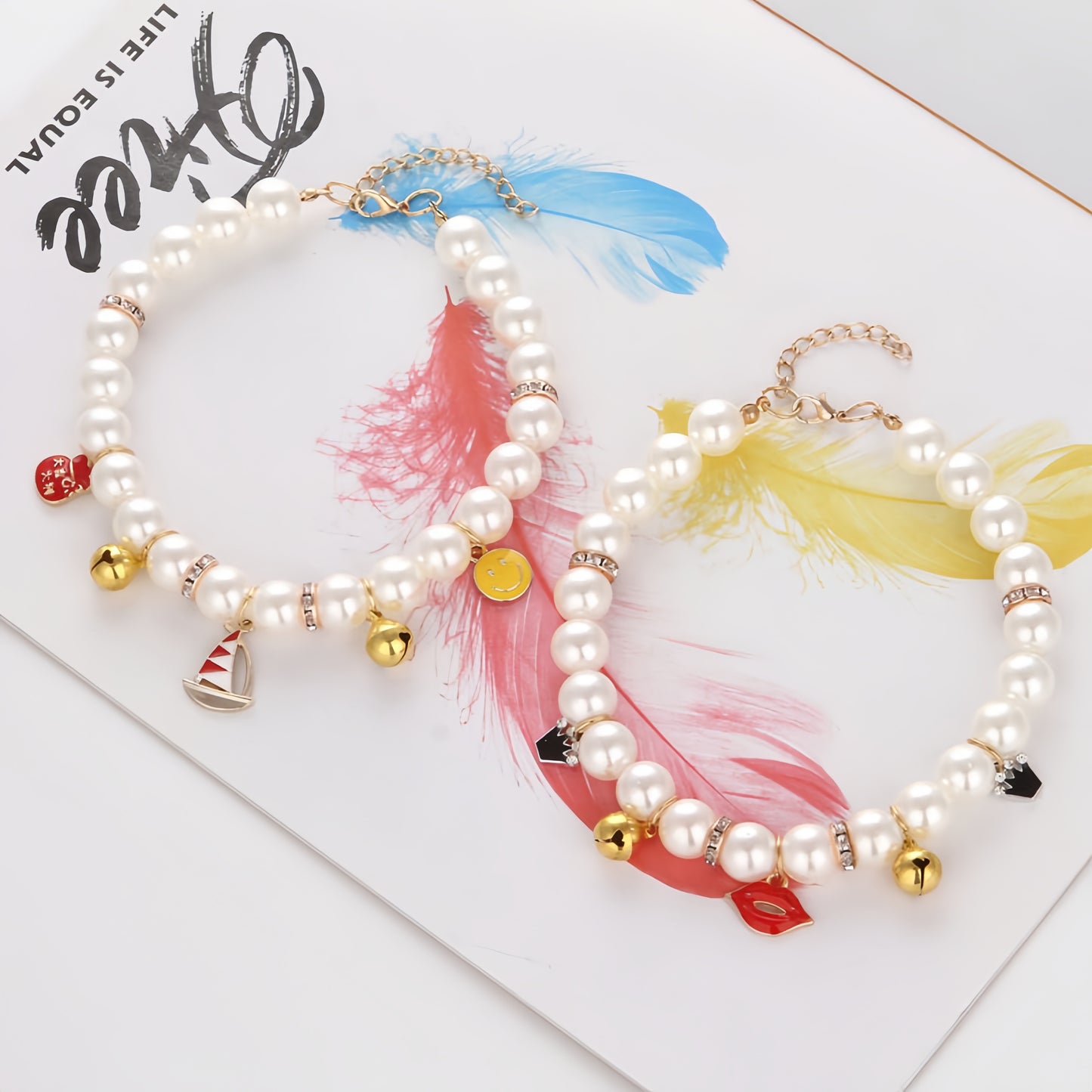 Handcrafted Artificial Pearl Necklace Collars with Bells, Charming Cat Collar Collection in Star, Crown, Sailboat, and Red Lips Designs