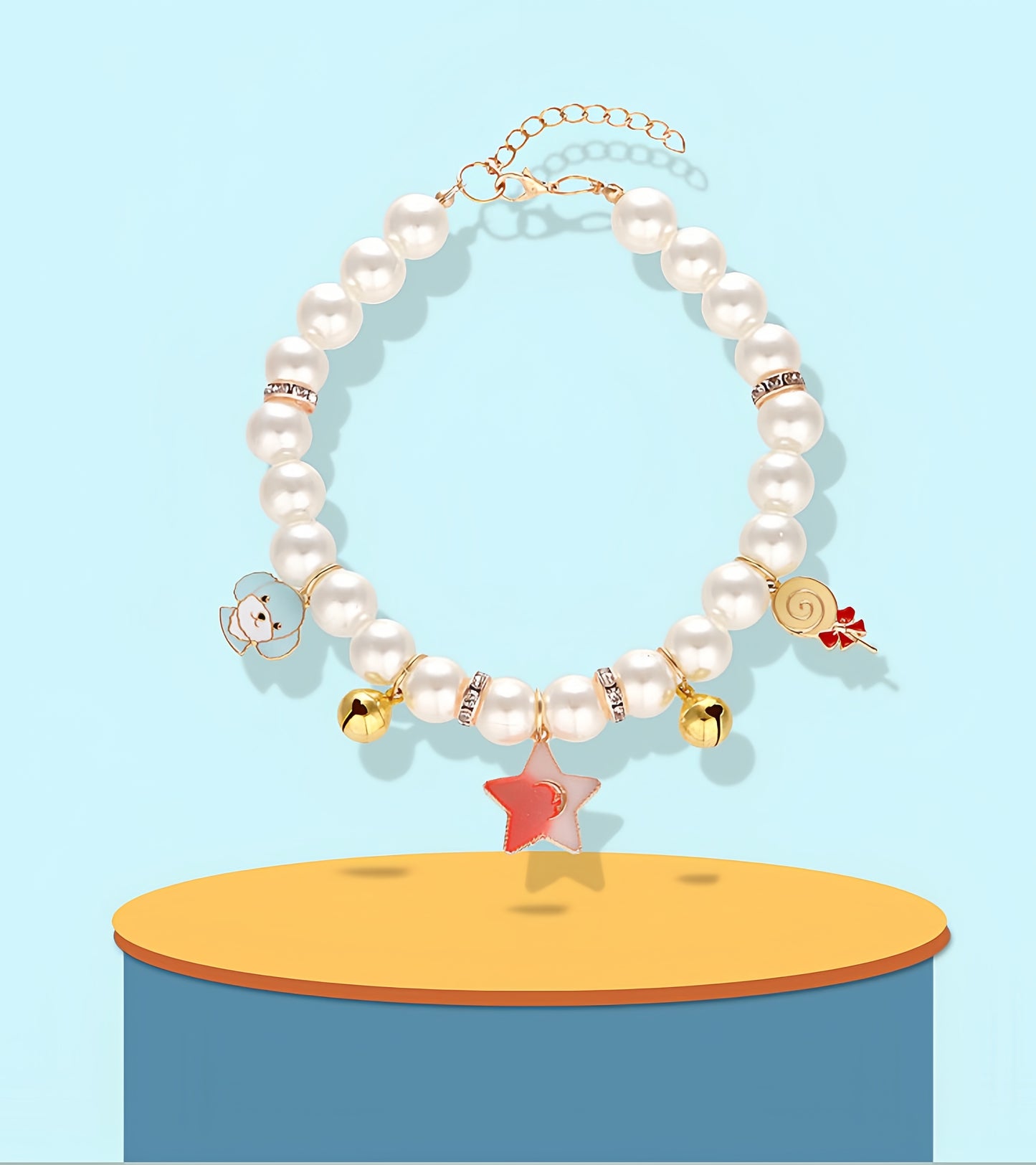 Handcrafted Artificial Pearl Necklace Collars with Bells, Charming Cat Collar Collection in Star, Crown, Sailboat, and Red Lips Designs