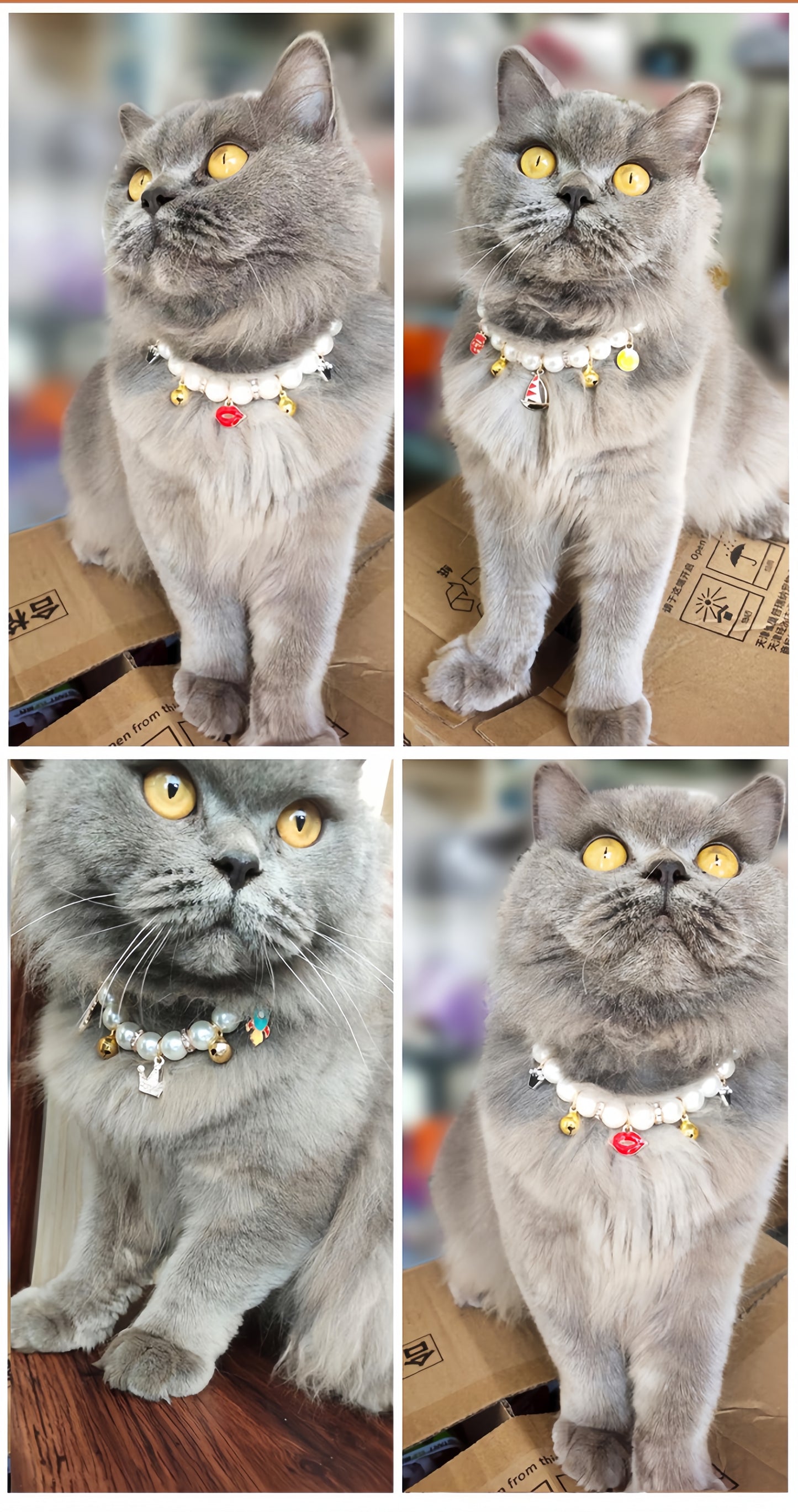 Handcrafted Artificial Pearl Necklace Collars with Bells, Charming Cat Collar Collection in Star, Crown, Sailboat, and Red Lips Designs