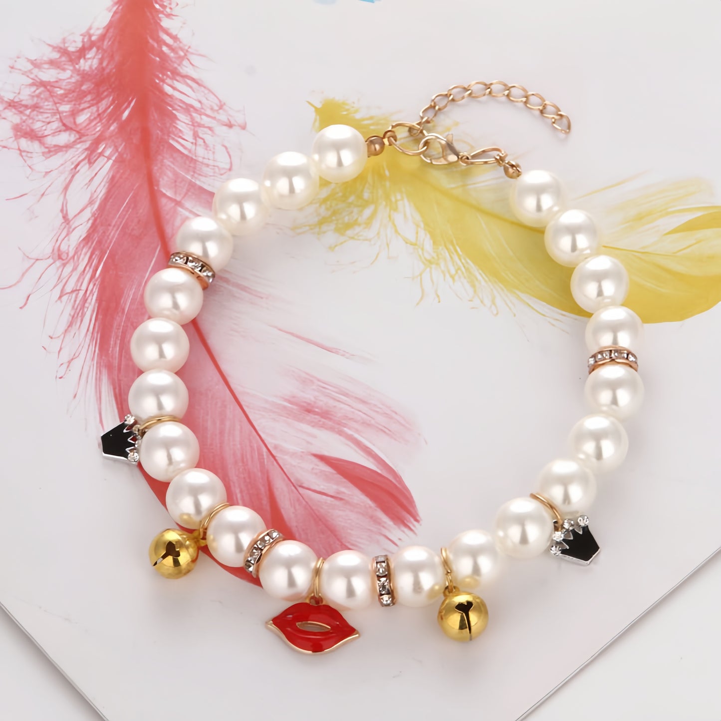 Handcrafted Artificial Pearl Necklace Collars with Bells, Charming Cat Collar Collection in Star, Crown, Sailboat, and Red Lips Designs