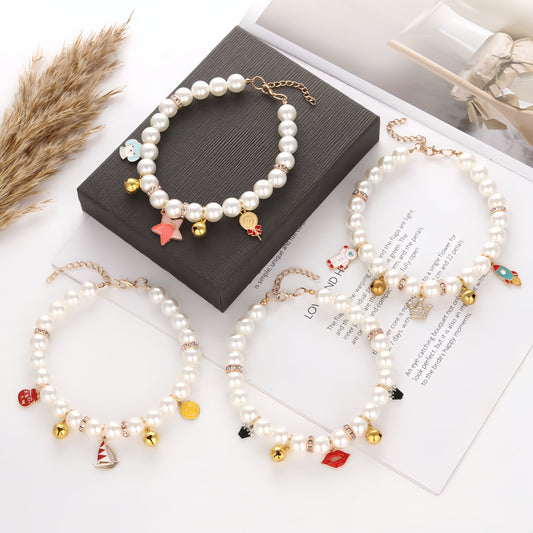 Handcrafted Artificial Pearl Necklace Collars with Bells, Charming Cat Collar Collection in Star, Crown, Sailboat, and Red Lips Designs