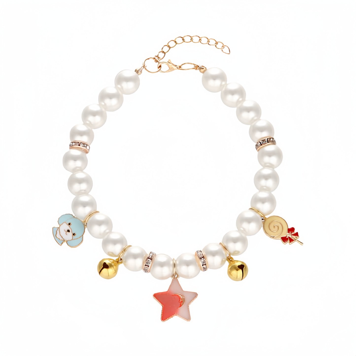 Handcrafted Artificial Pearl Necklace Collars with Bells, Charming Cat Collar Collection in Star, Crown, Sailboat, and Red Lips Designs