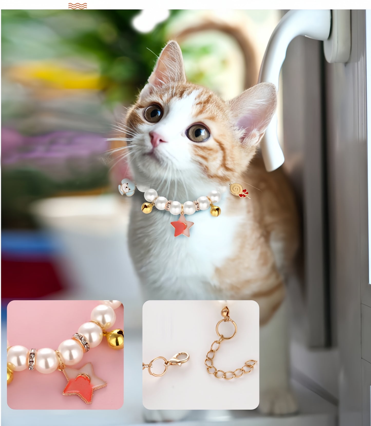 Handcrafted Artificial Pearl Necklace Collars with Bells, Charming Cat Collar Collection in Star, Crown, Sailboat, and Red Lips Designs